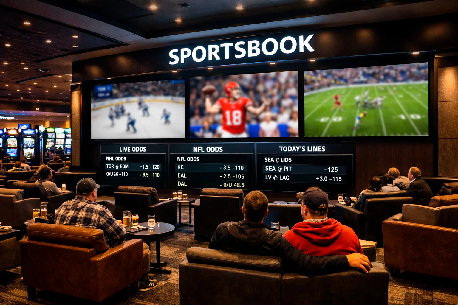 Interior of Alberta casino with sports betting screens and gaming floor