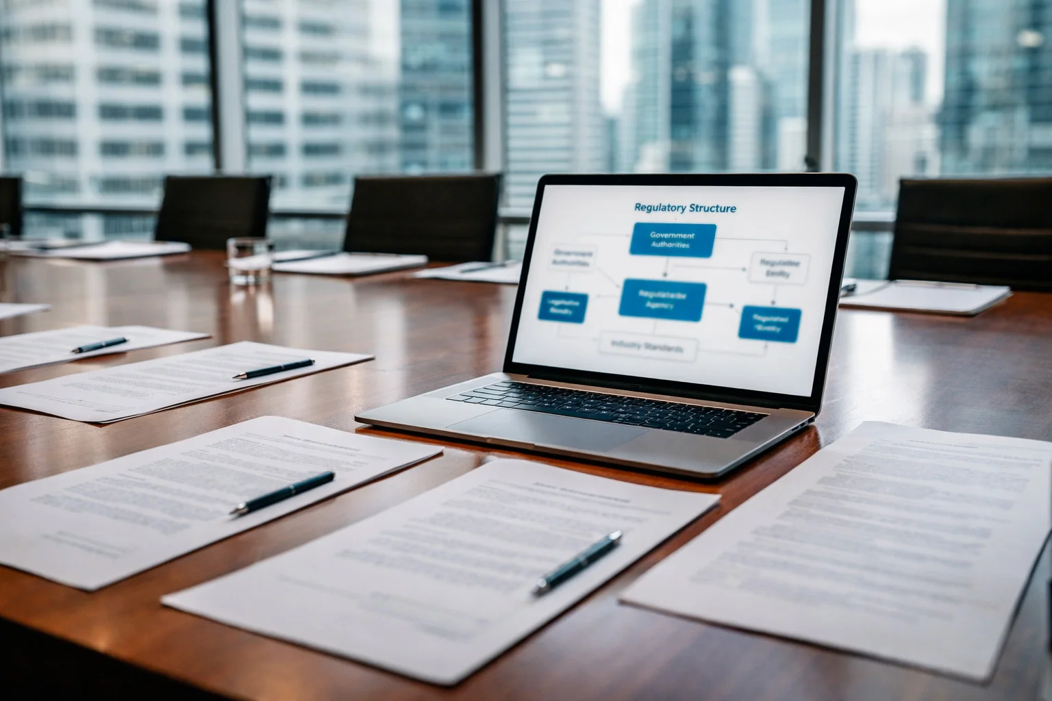 Professional meeting room with documents and laptop showing sports betting regulations