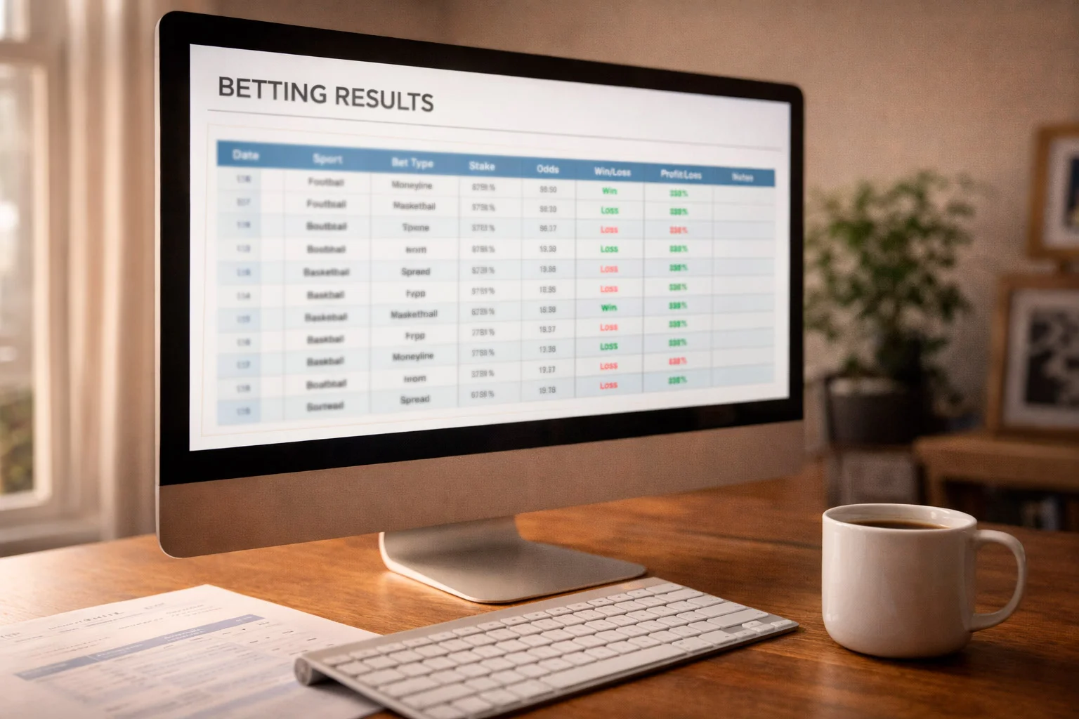 Spreadsheet on computer screen showing betting results and analysis