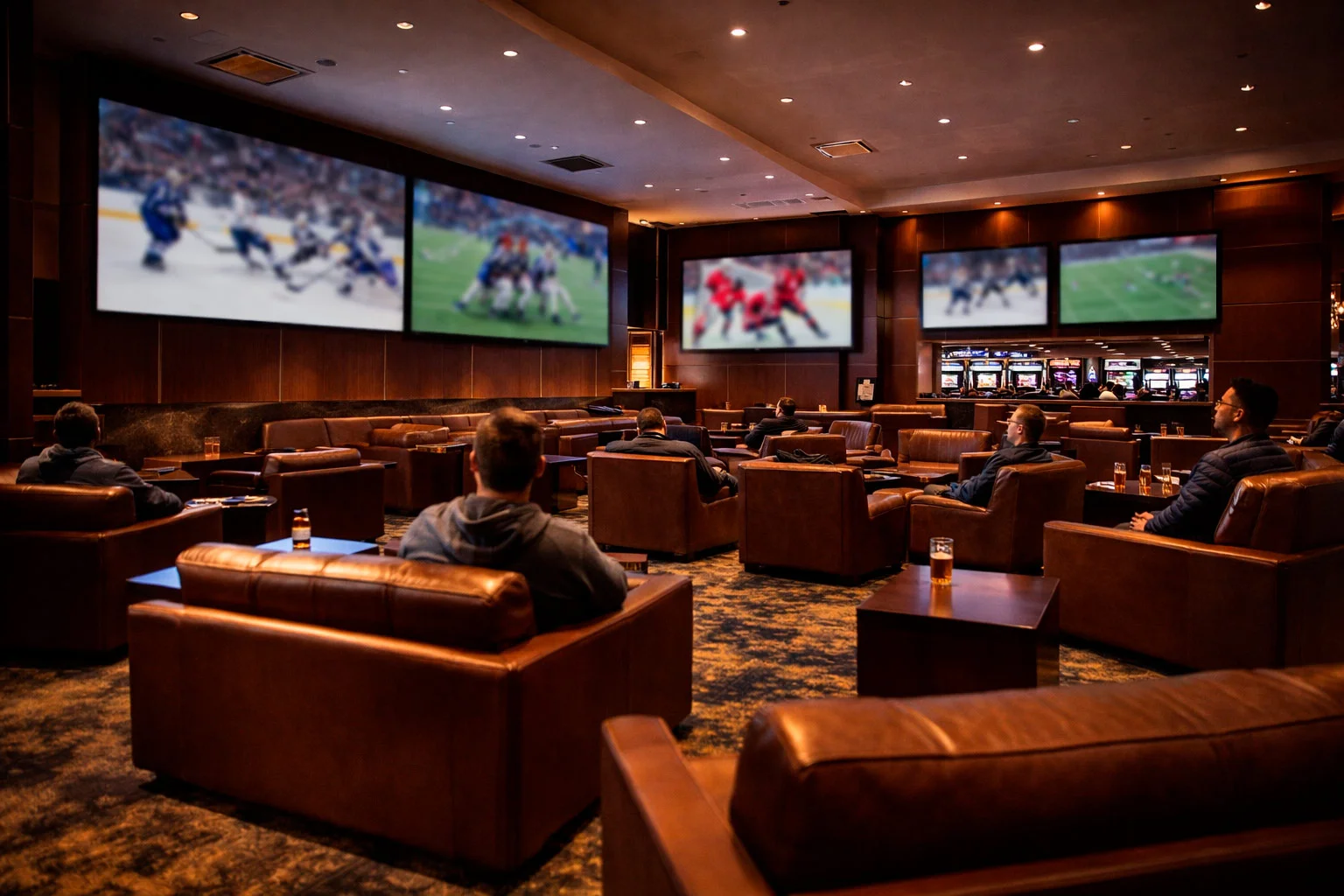 Interior of a British Columbia casino sportsbook lounge with large screens showing live sports