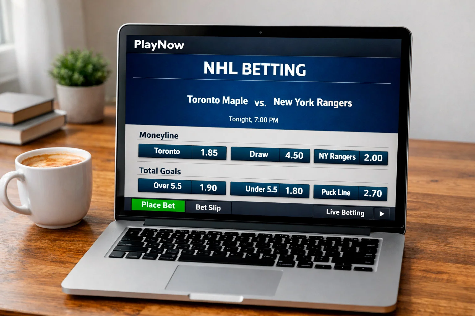 Laptop showing PlayNow sports betting platform with hockey game odds