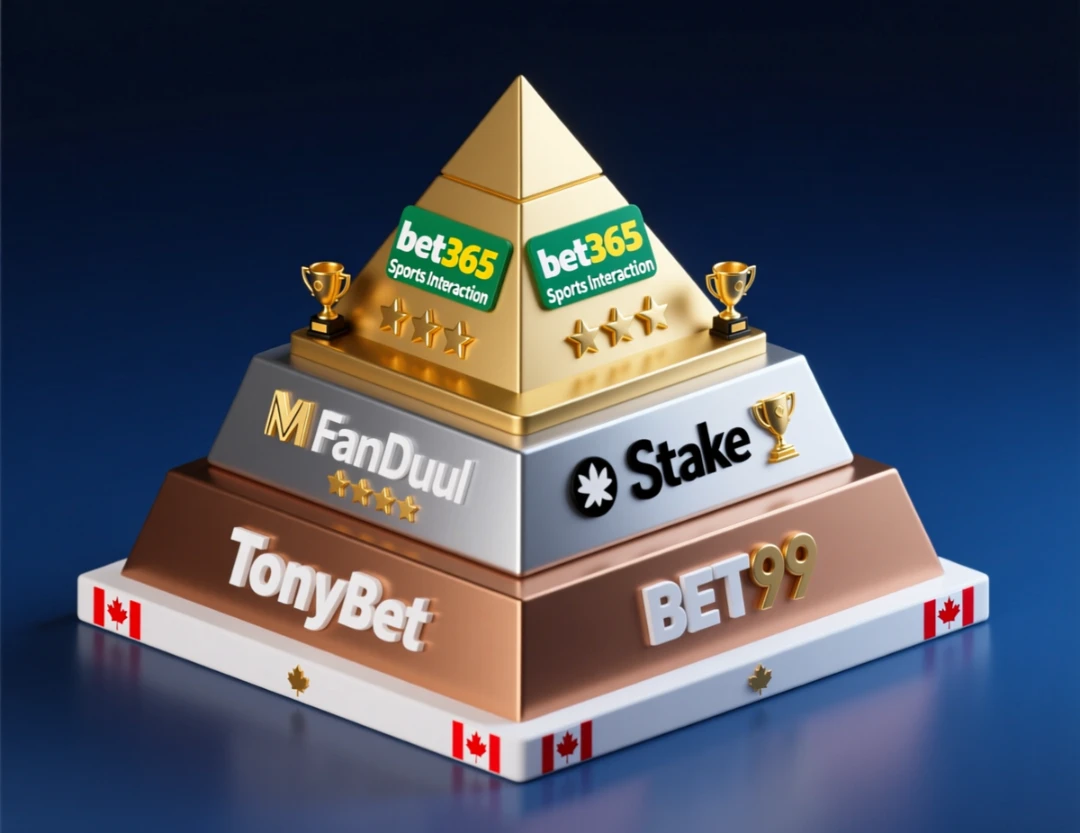Three-tier ranking pyramid showing best Canadian betting sites: bet365 and Sports Interaction in Tier 1, BetMGM FanDuel and Stake in Tier 2, TonyBet Betway and BET99 in Tier 3