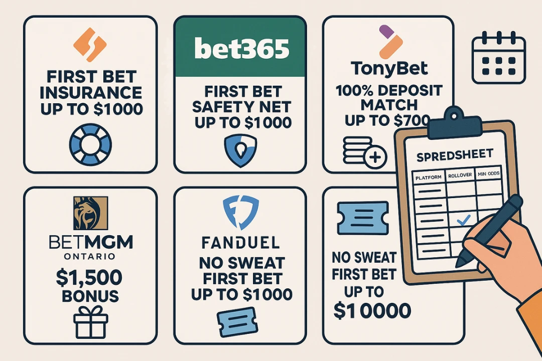 Showcase of top Canadian sportsbook apps displaying bonus offers of $1000, $1500, and $700 with rating stars and 2025 indicator