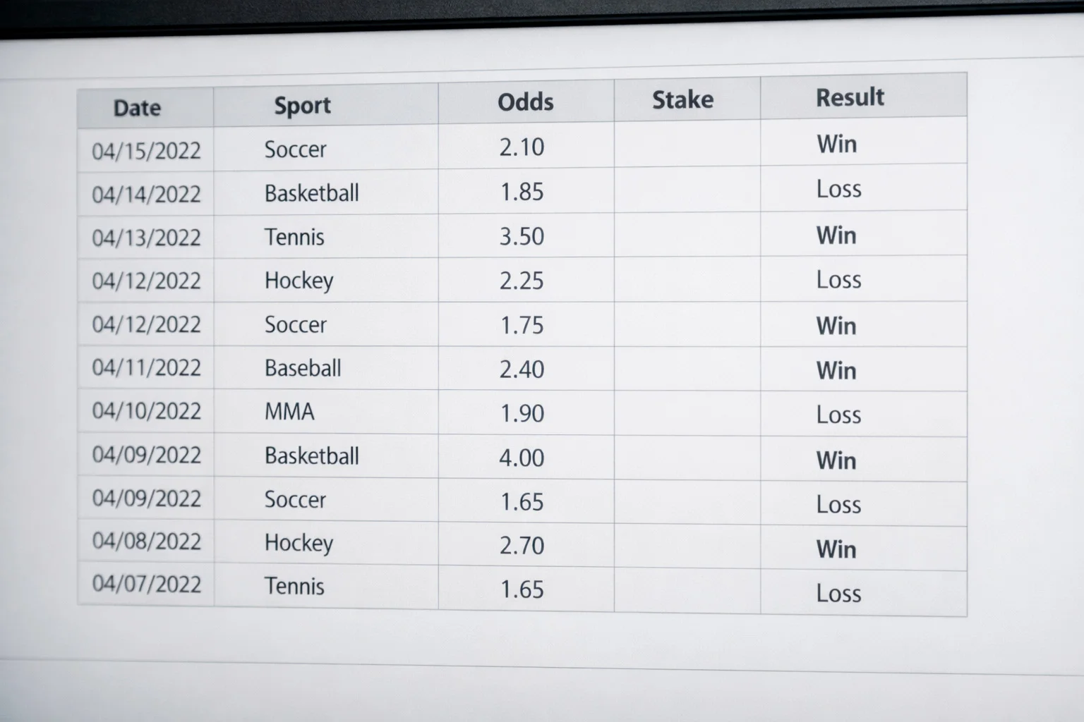 Detailed betting spreadsheet showing columns for tracking wagers