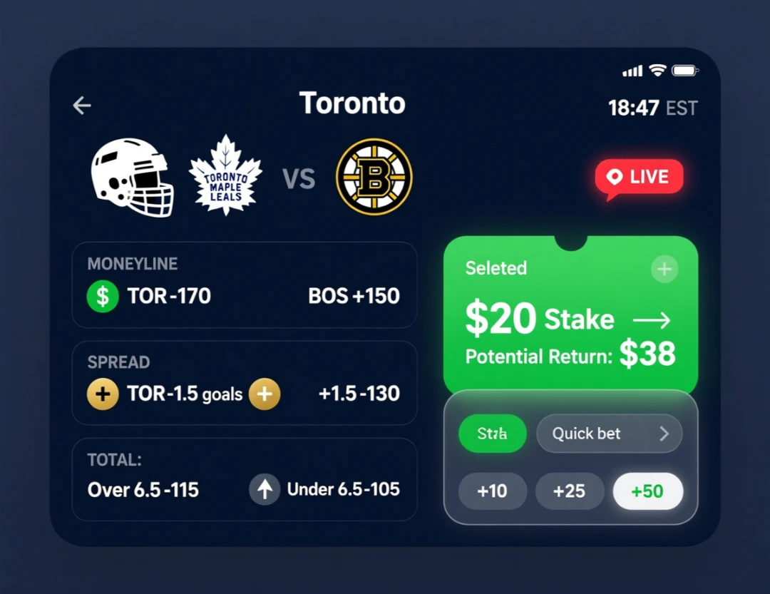 Sports betting interface showing moneyline, spread, and total bet types for Toronto Maple Leafs vs Boston Bruins hockey game