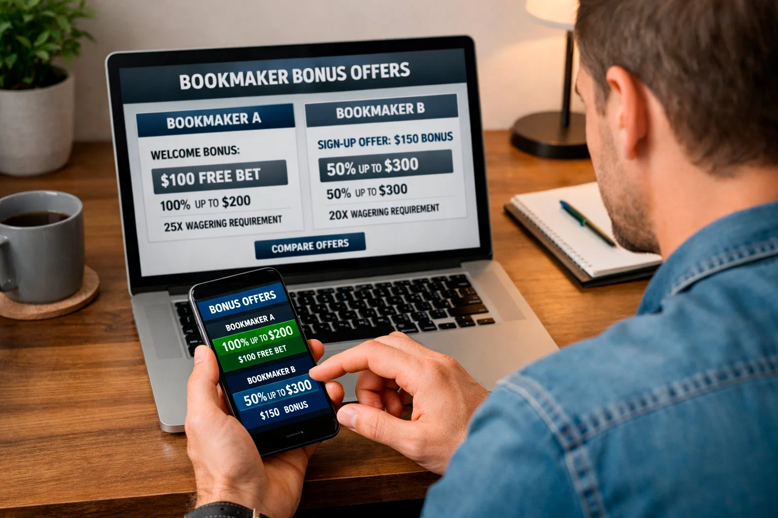 Person using multiple devices to compare sportsbook offers