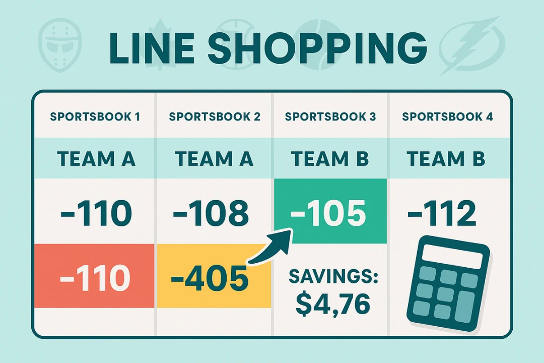 Line shopping comparison showing same game across multiple betting sites with different odds highlighted in green for best value and red for worst