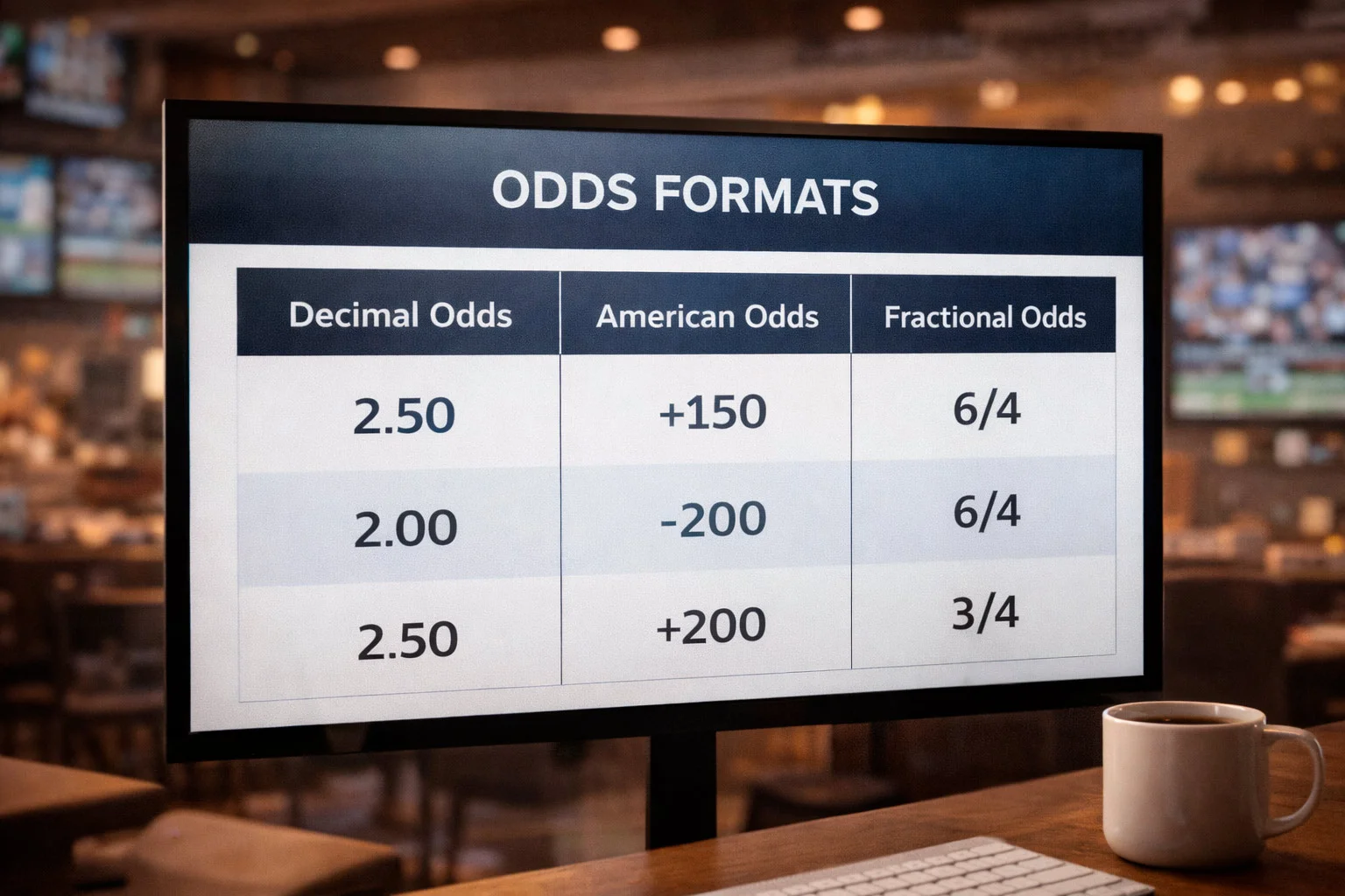 Side-by-side comparison of different odds formats on betting board