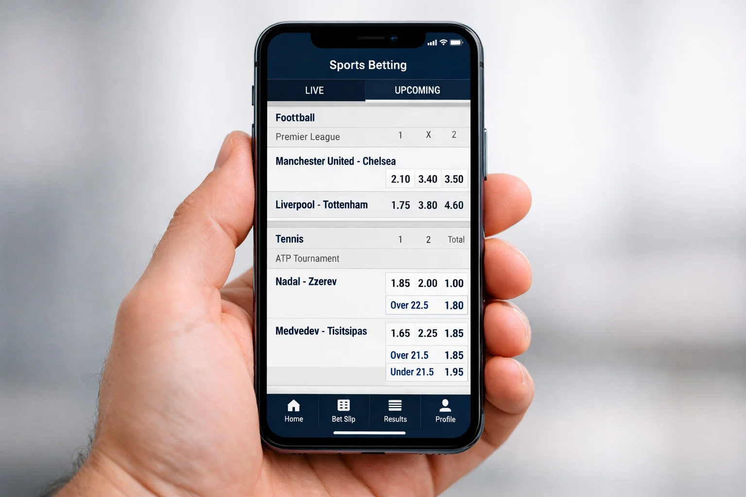 Sports betting app interface showing decimal odds format