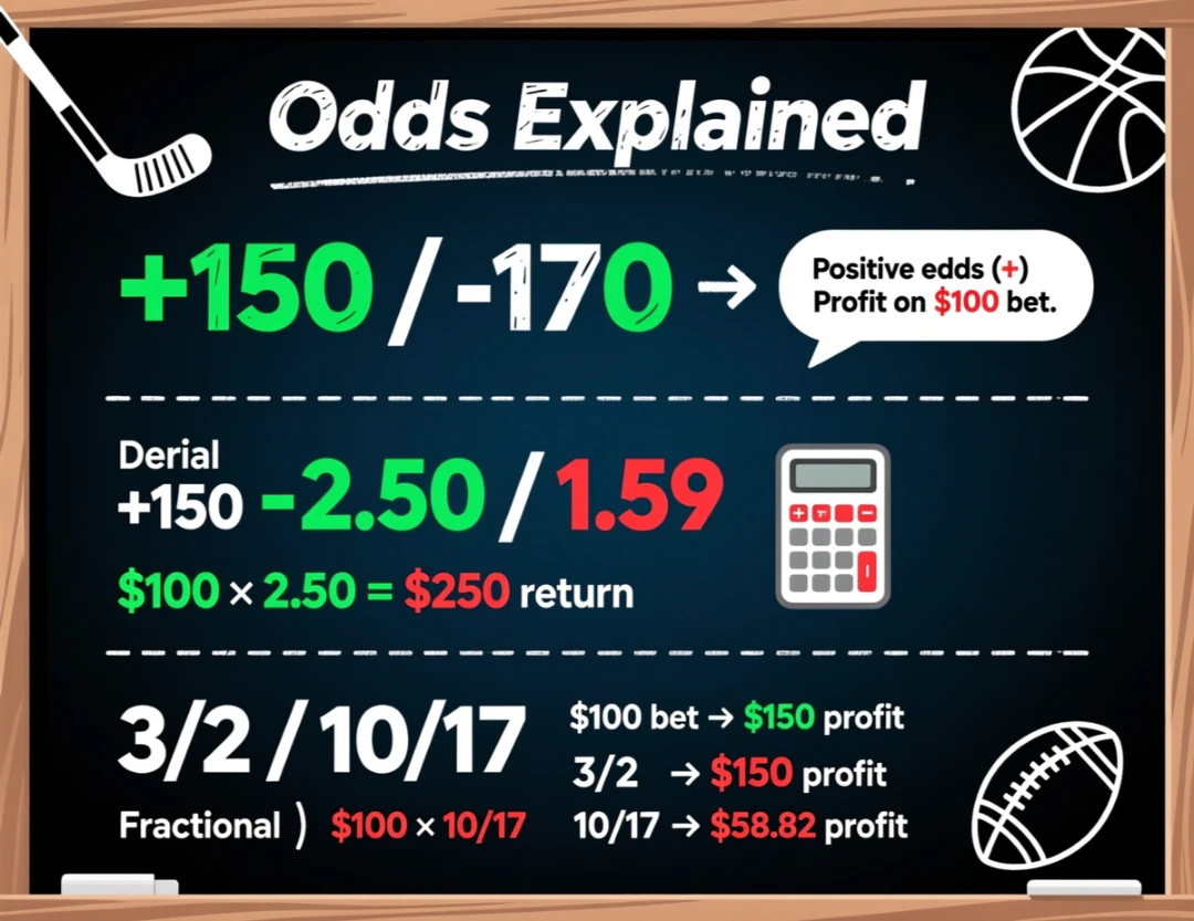 Educational diagram explaining American, decimal, and fractional betting odds formats with calculation examples