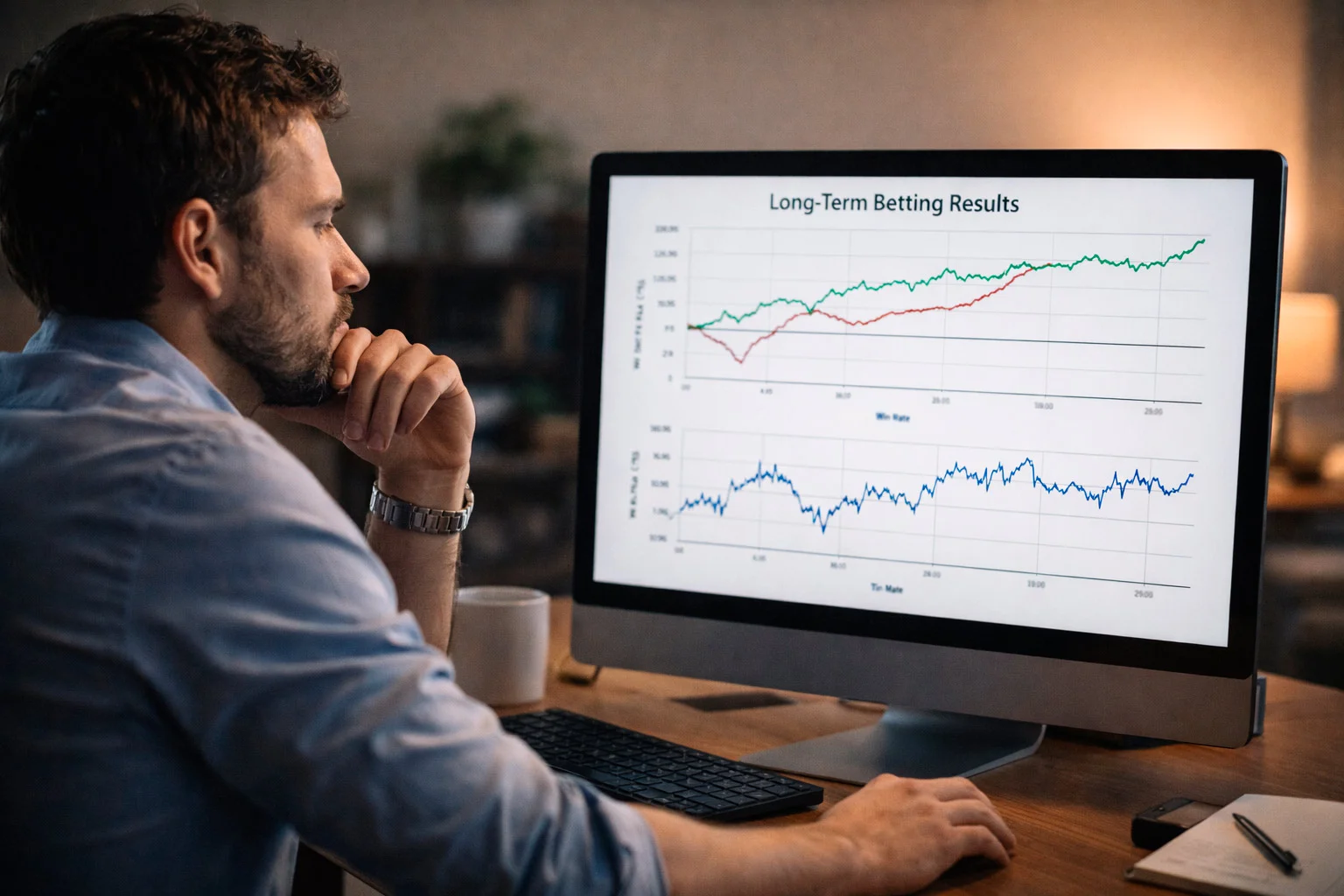 Person reviewing long-term betting performance data and trends