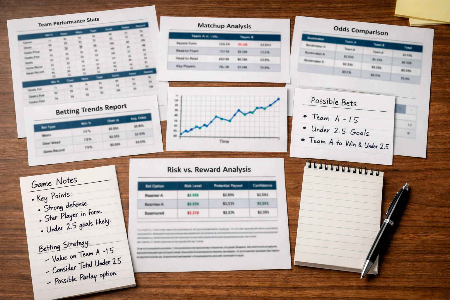 Strategic planning materials with sports data and analysis