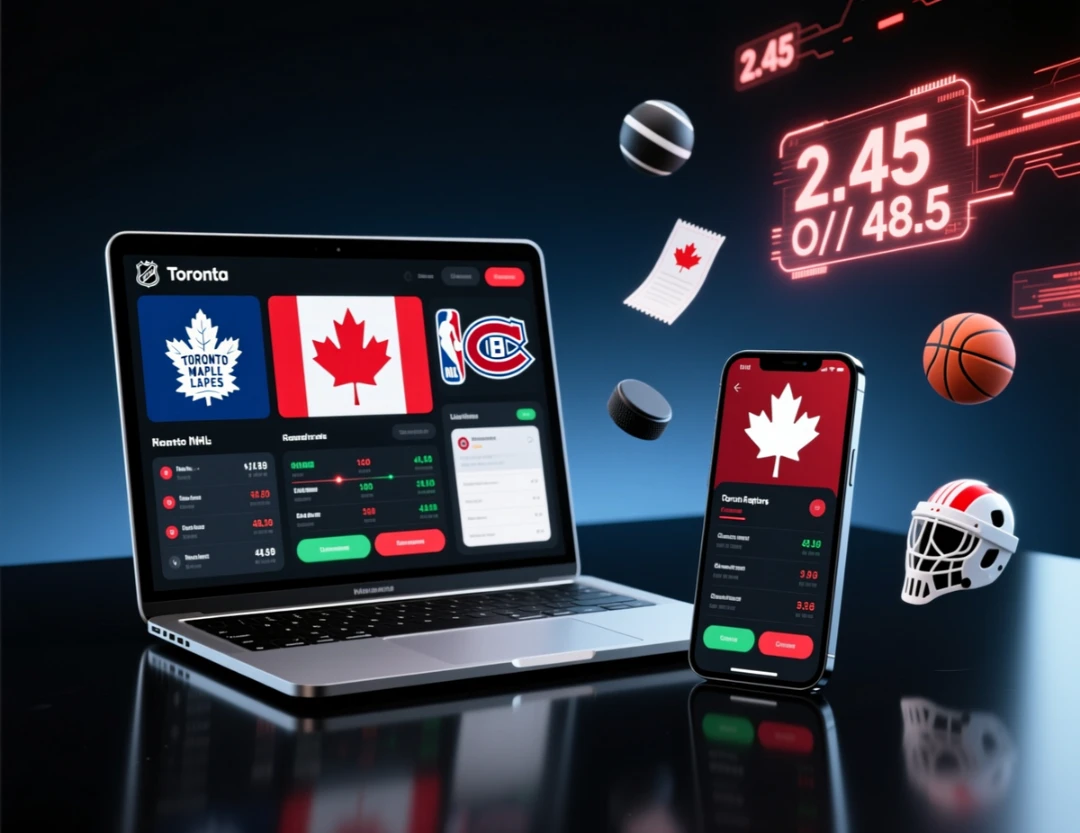 Best Canadian sports betting sites comparison 2025 showing multiple devices with betting interfaces for hockey and basketball