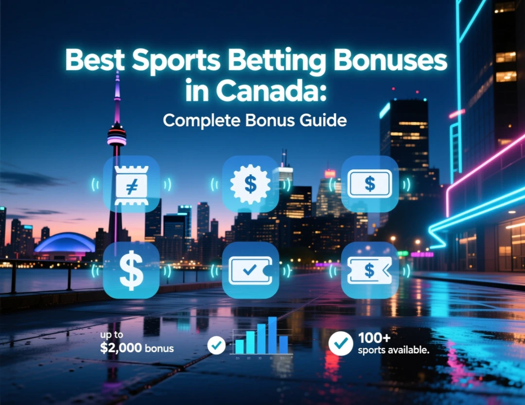 Canadian sports betting bonuses with dollar bills, poker chips, and bonus percentage symbols