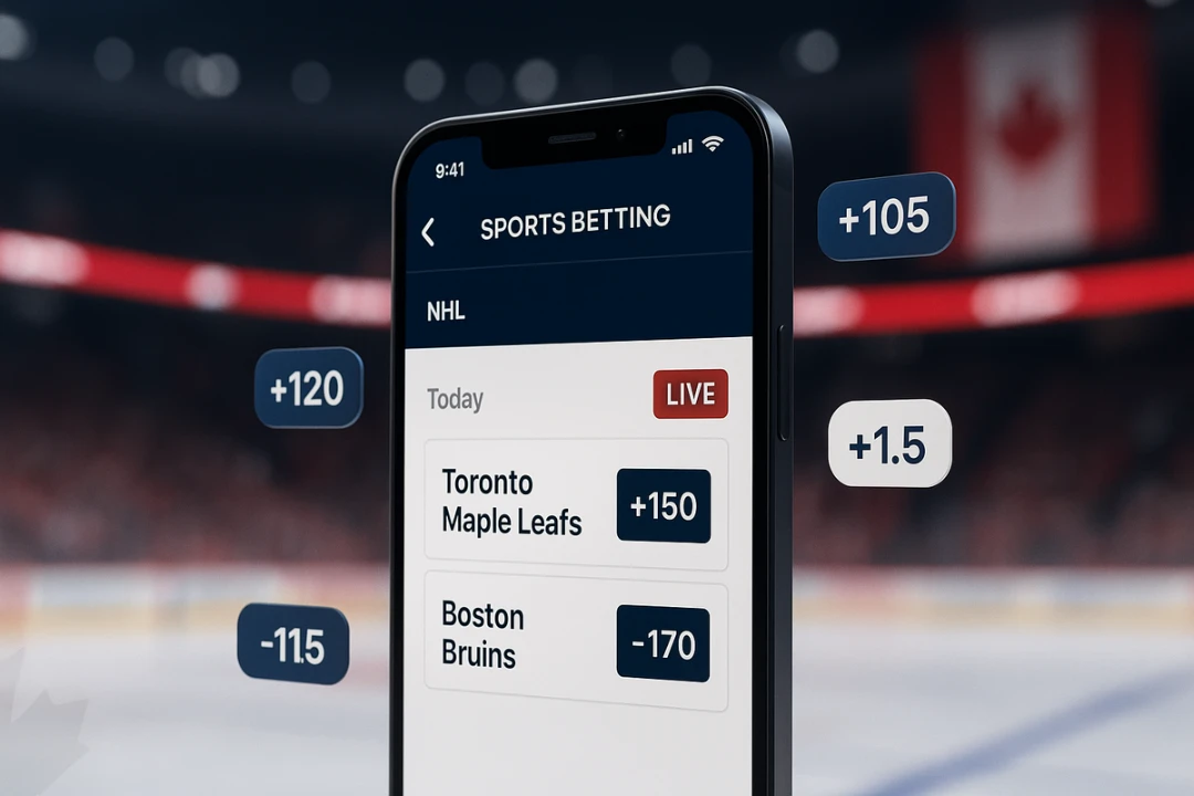 Canadian sports betting guide showing smartphone with NHL betting odds and hockey arena background