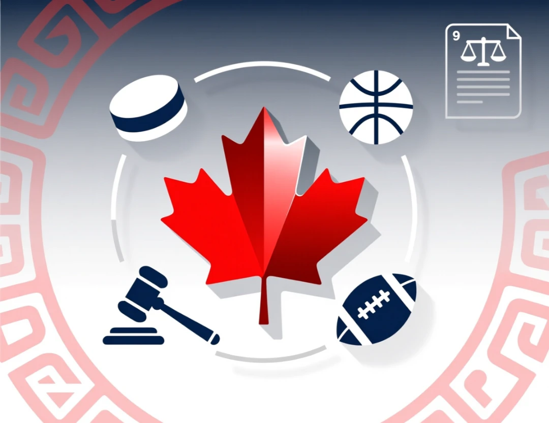 Canadian sports betting laws illustration with maple leaf and legal symbols representing provincial regulations