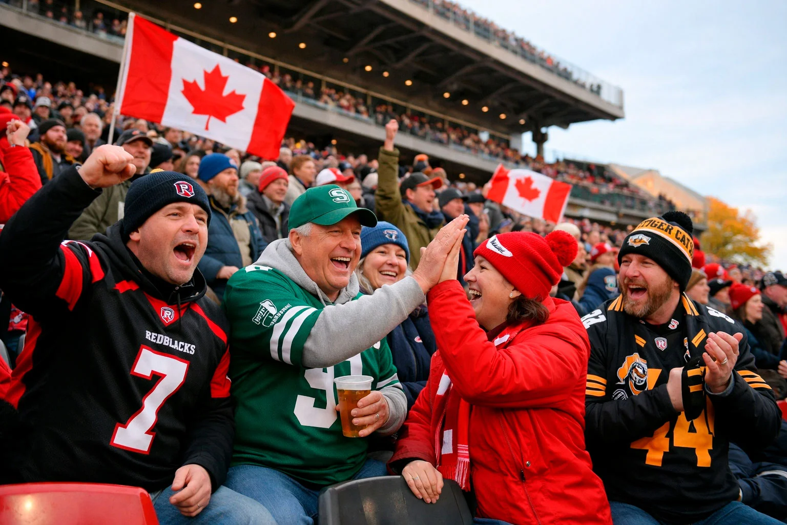 Canadian football fans cheering at outdoor CFL stadium