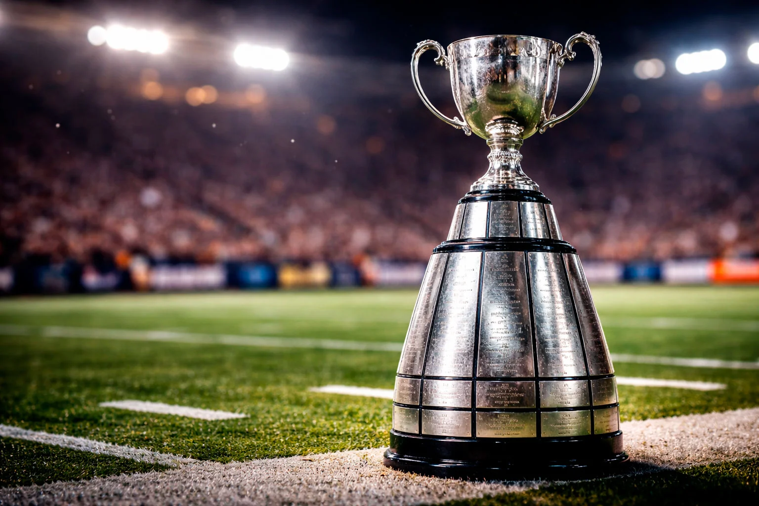 Grey Cup trophy with Canadian football field in background