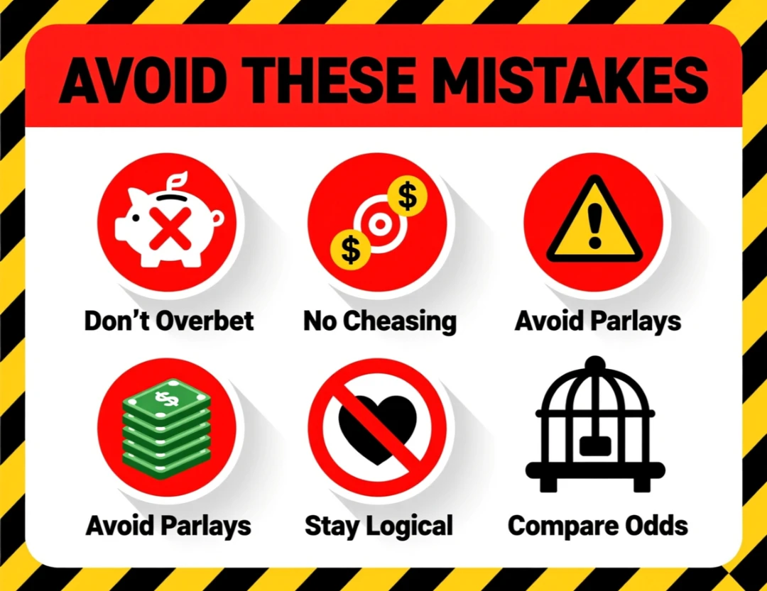 Warning infographic showing five common sports betting mistakes to avoid: overbetting, chasing losses, excessive parlays, emotional betting, and not comparing odds