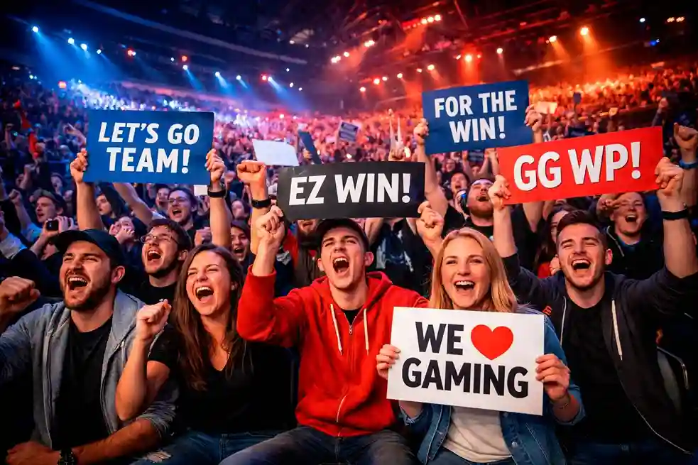 Esports arena crowd cheering with team banners and lights
