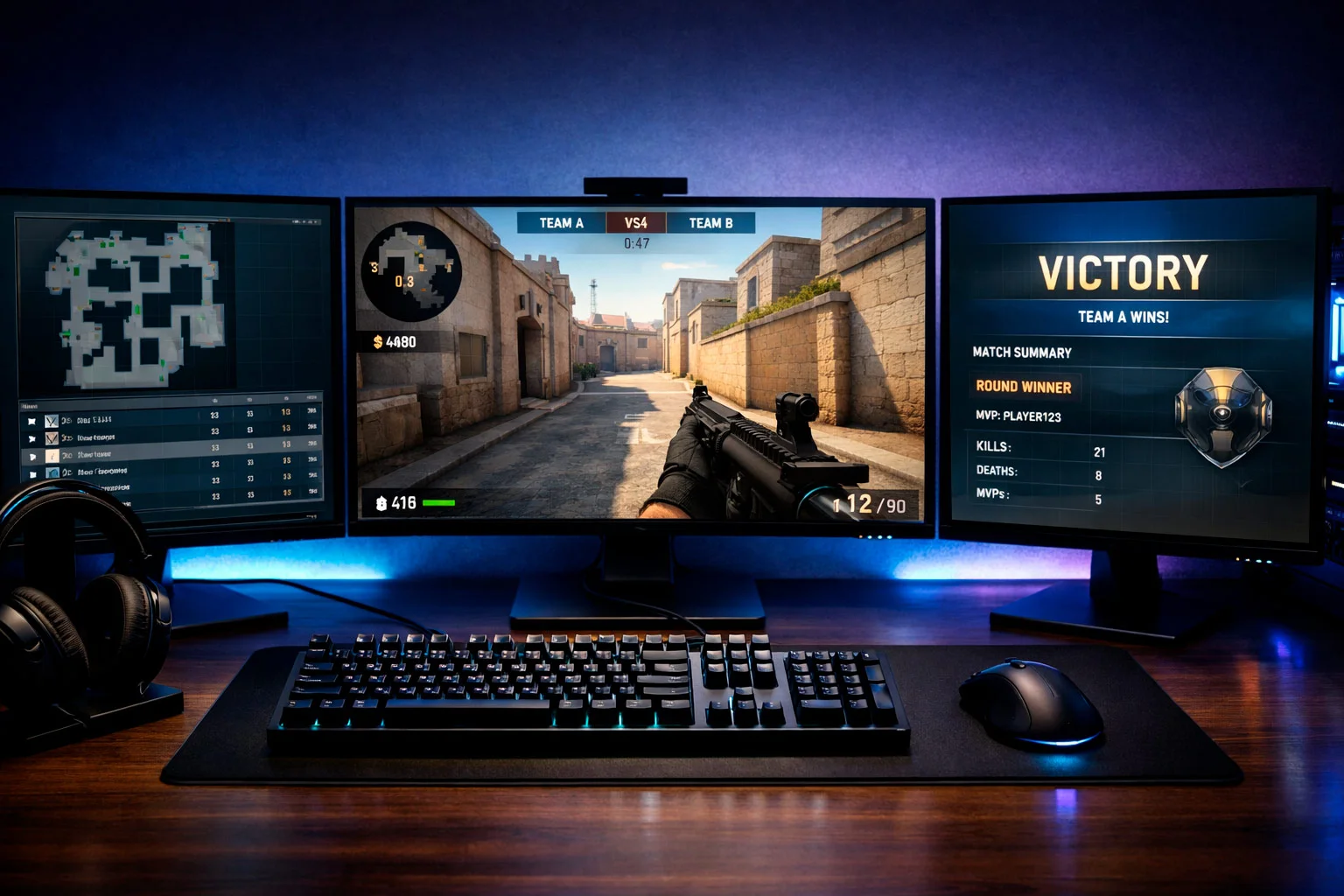 Close-up of gaming setup with multiple monitors showing competitive gameplay