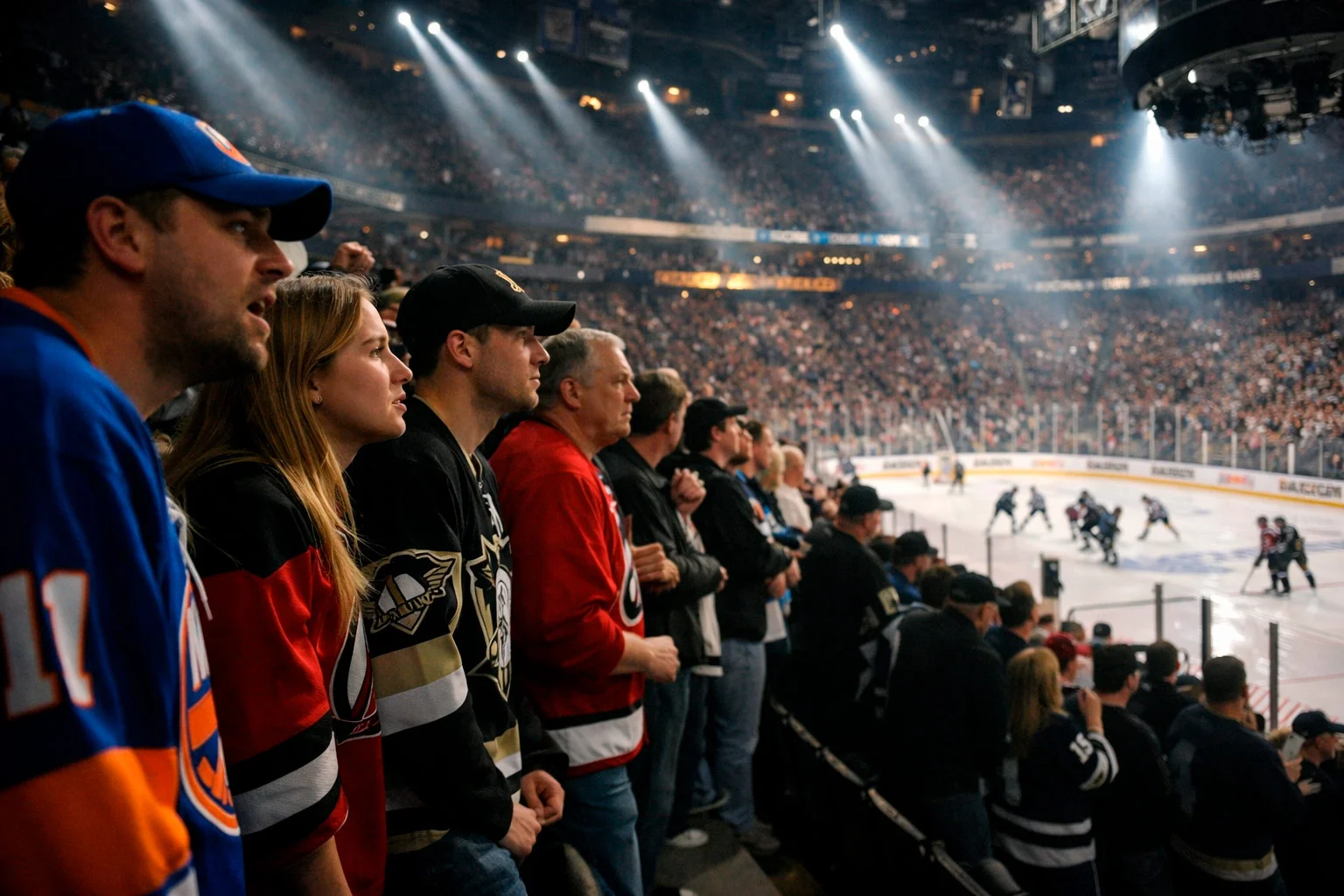 Hockey playoff atmosphere with excited fans in arena