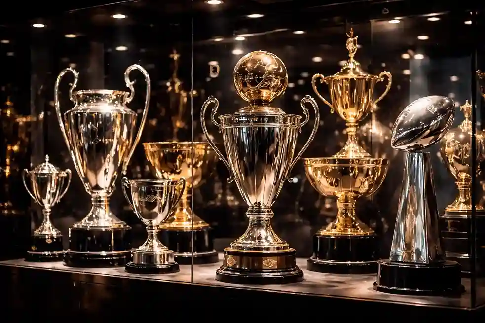 Sports championship trophies displayed in case with dramatic lighting