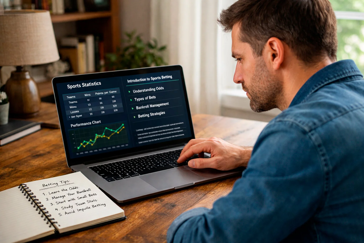 Person studying sports statistics on laptop with notepad