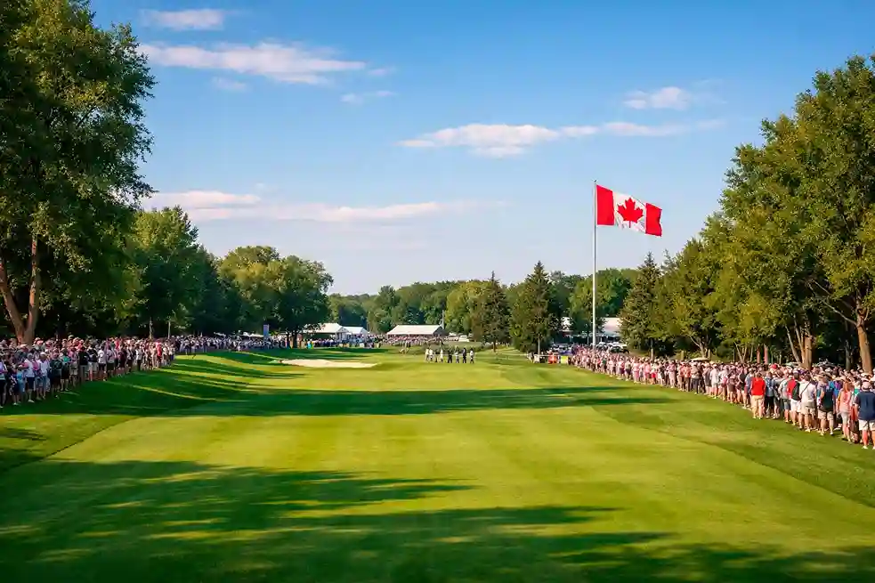 Golf course fairway with Canadian flag visible and spectators