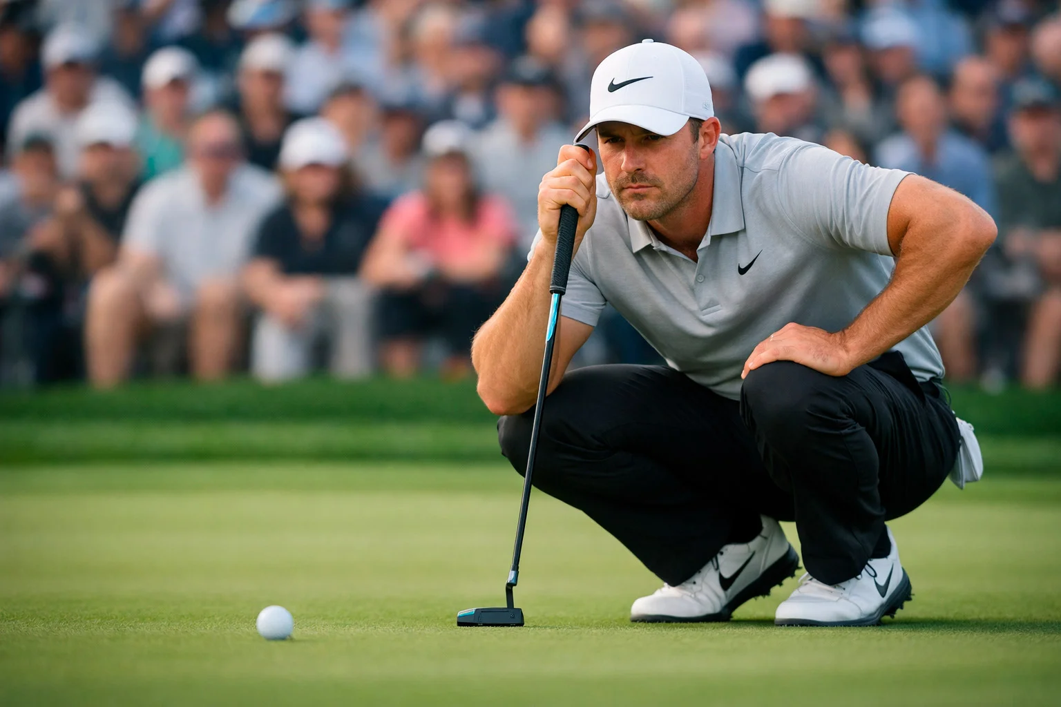 Golfer lining up putt on championship green with crowd watching