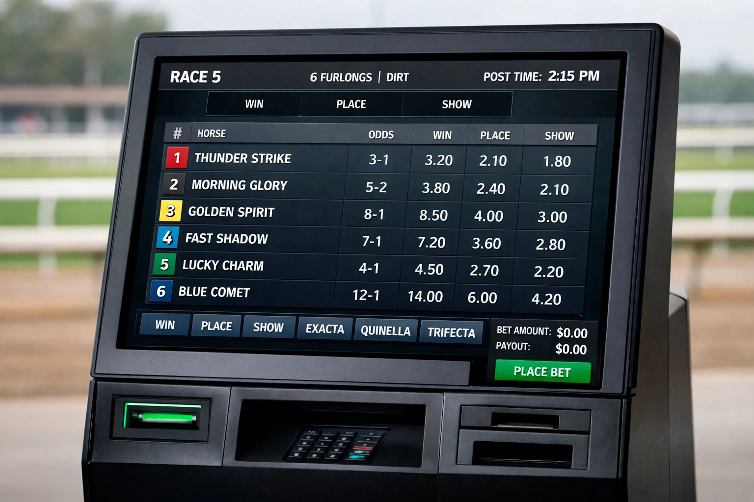 Horse racing betting terminal showing odds and race information