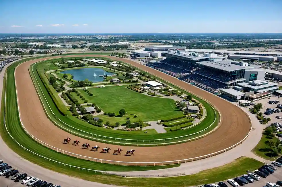 Aerial view of Woodbine Racetrack with horses on the track