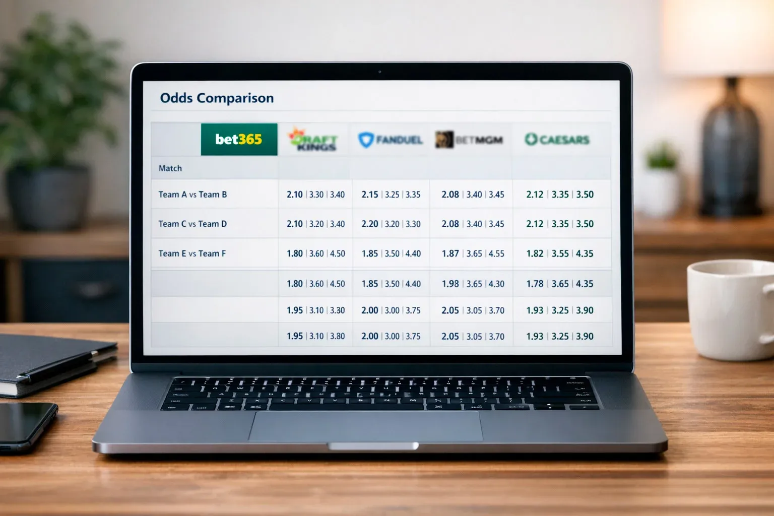 Laptop showing odds comparison website with multiple sportsbook lines