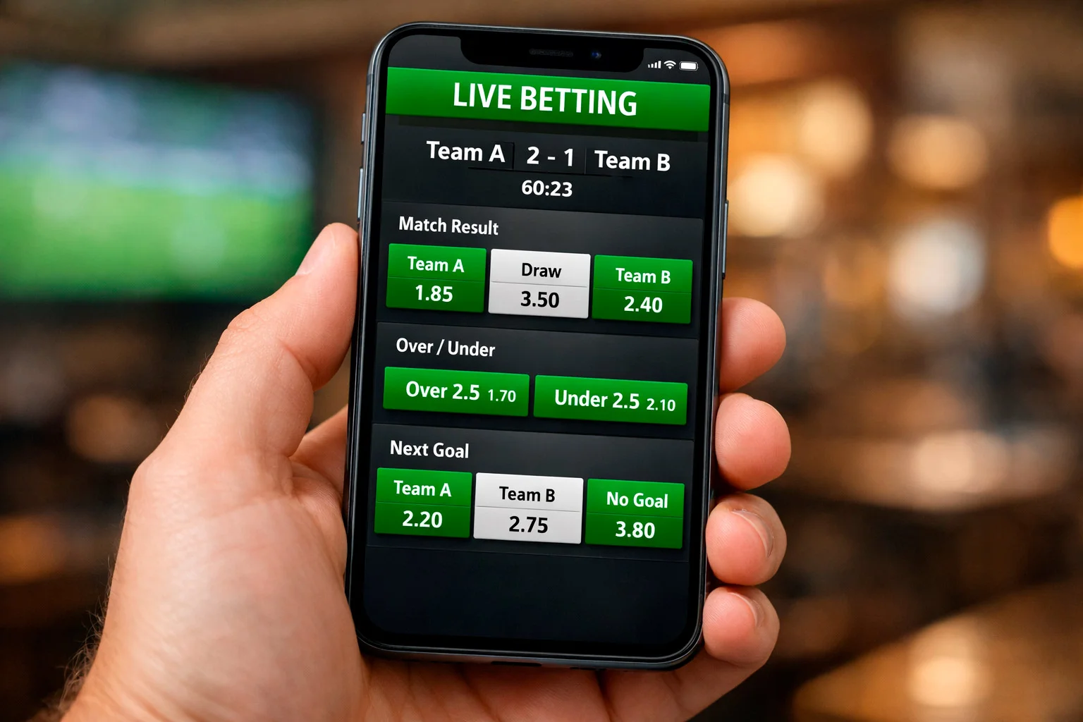 Sports betting app interface showing live odds updating in real-time