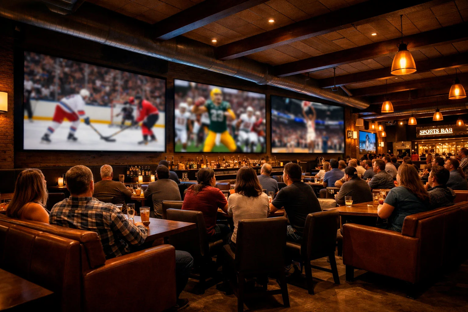 Sports bar with multiple TV screens showing different live games