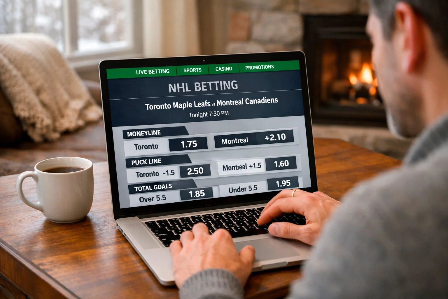 Person using laptop to access PlayNow Manitoba sports betting platform
