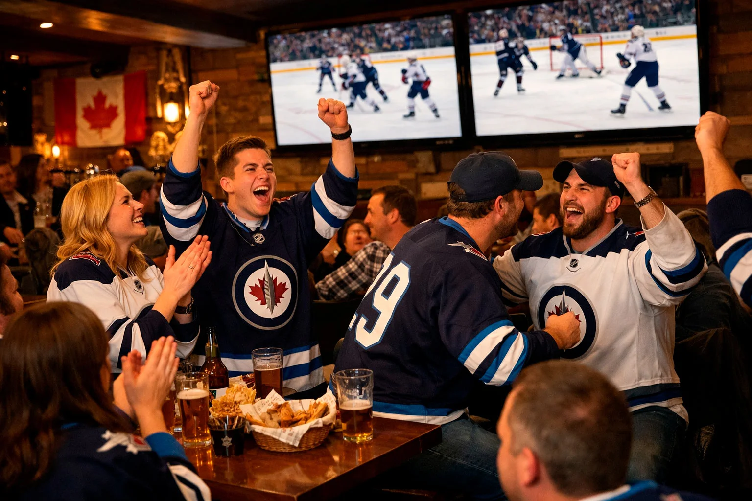 Hockey fans watching Winnipeg Jets game on large screens at sports venue