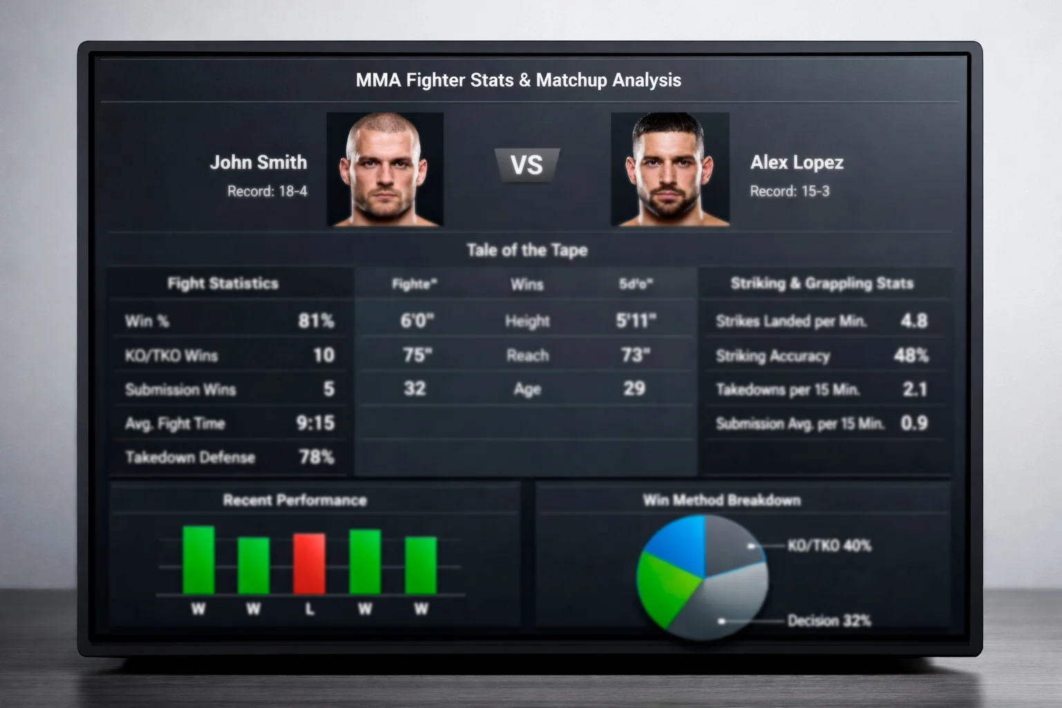 Fighter statistics and matchup data displayed on screen