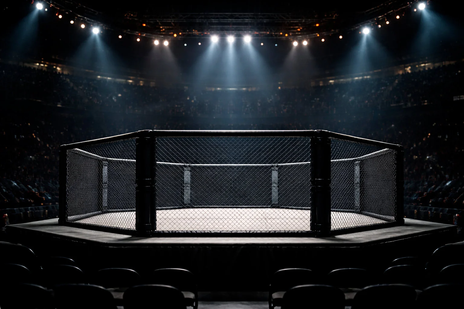 Empty UFC octagon with dramatic arena lighting
