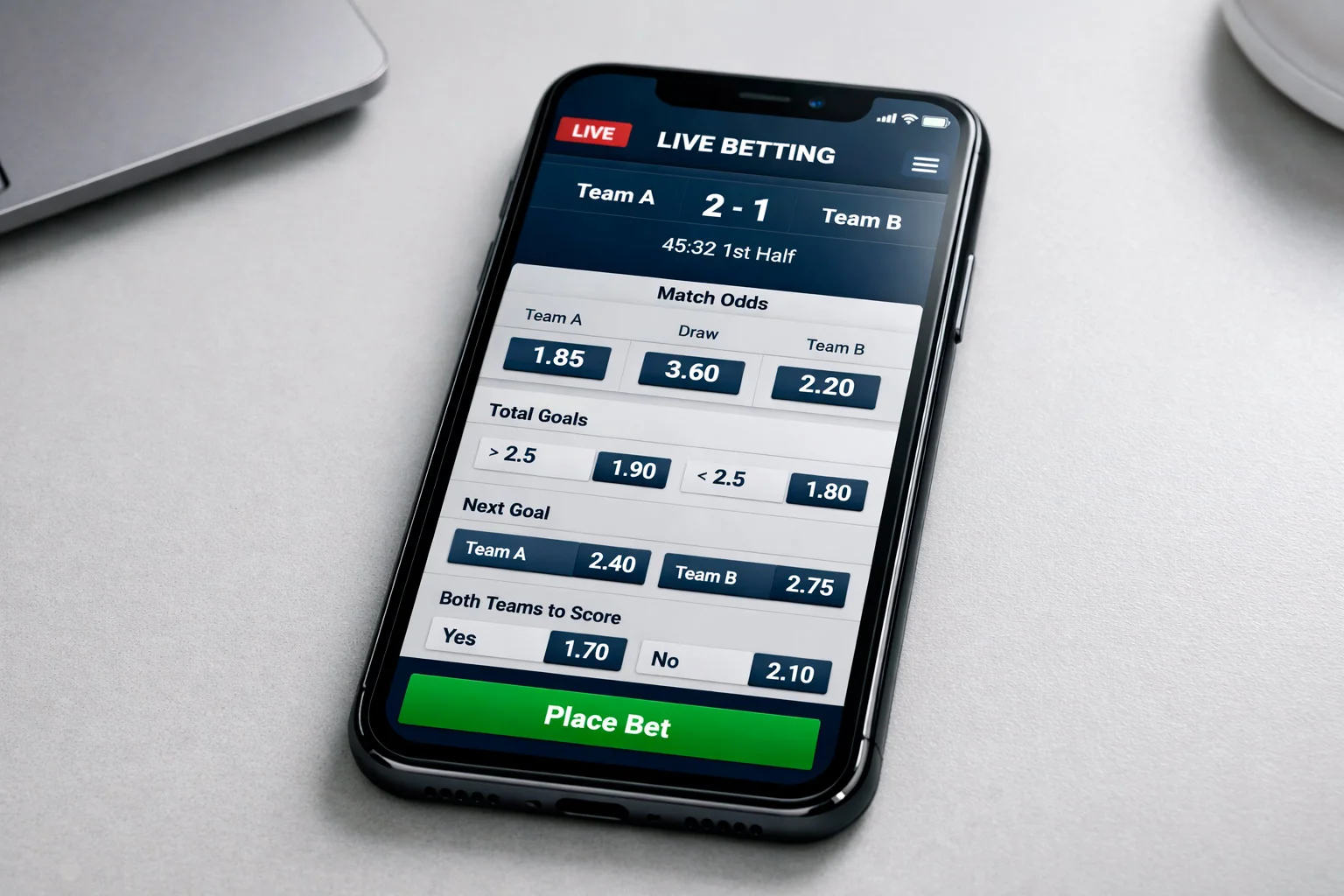 Smartphone displaying sports betting app with live odds and streaming