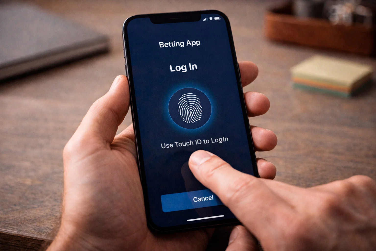 Smartphone with fingerprint authentication on betting app login screen