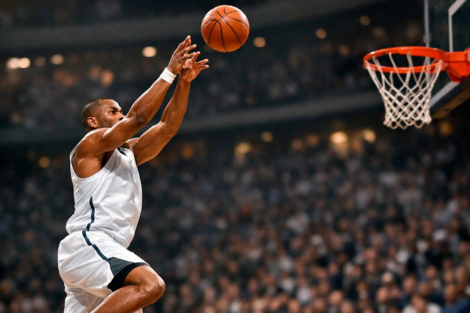 Basketball player shooting during NBA game with crowd in background
