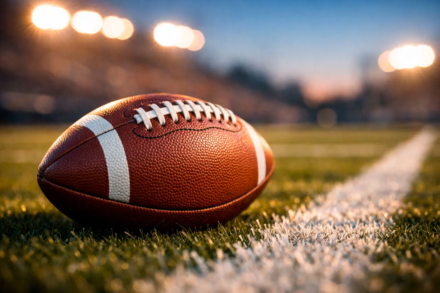 Football on grass field with stadium lights in background