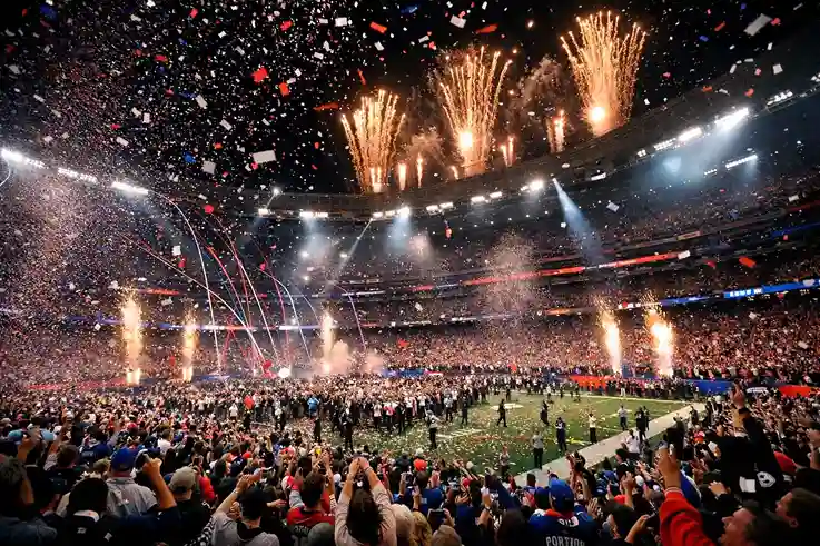 Packed NFL stadium during championship game with confetti and celebration