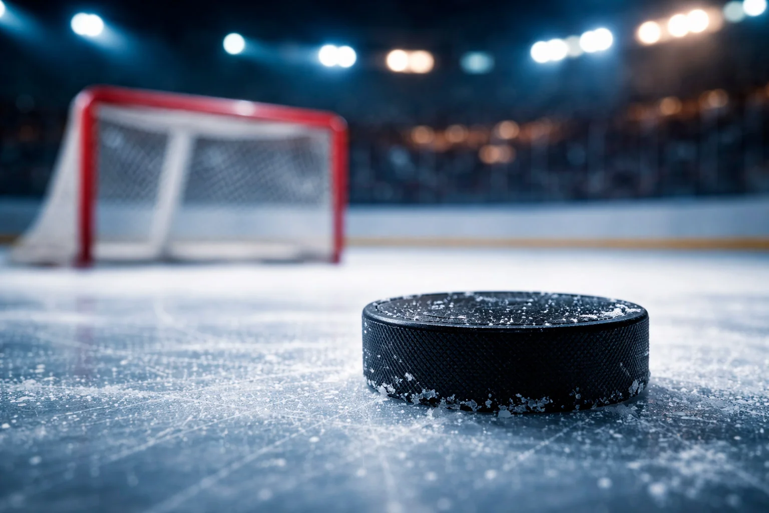 Hockey puck on ice with goal net in background