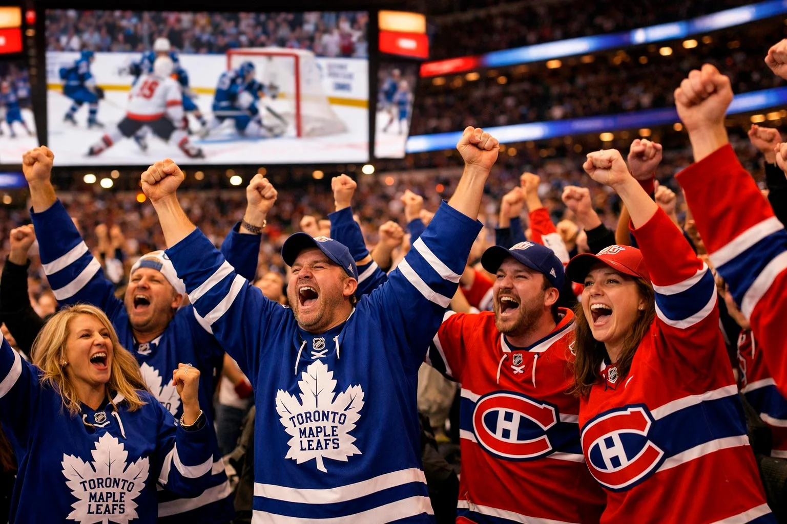 Hockey fans celebrating in arena during playoff game