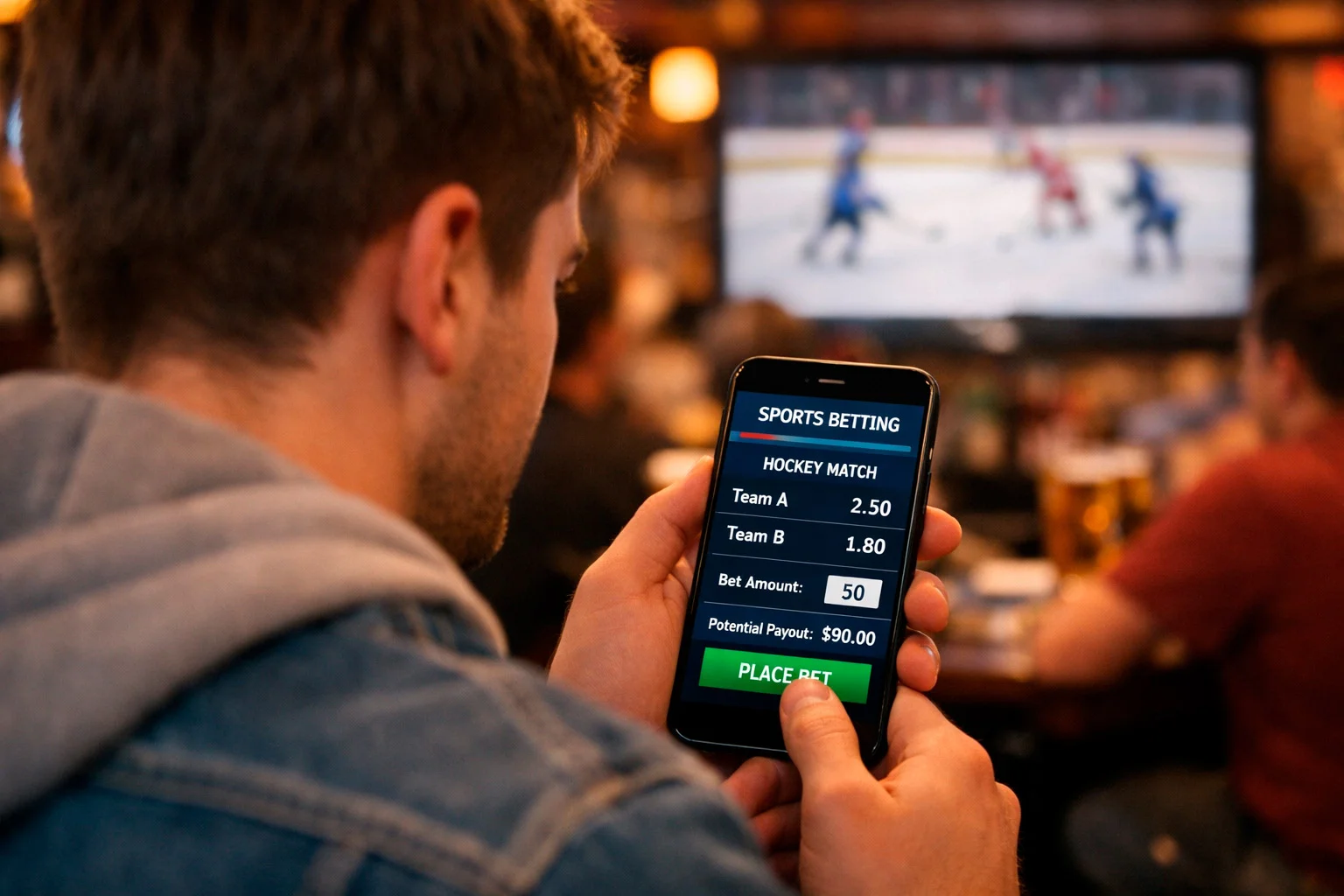 Person using mobile phone to place sports bet at a sports bar