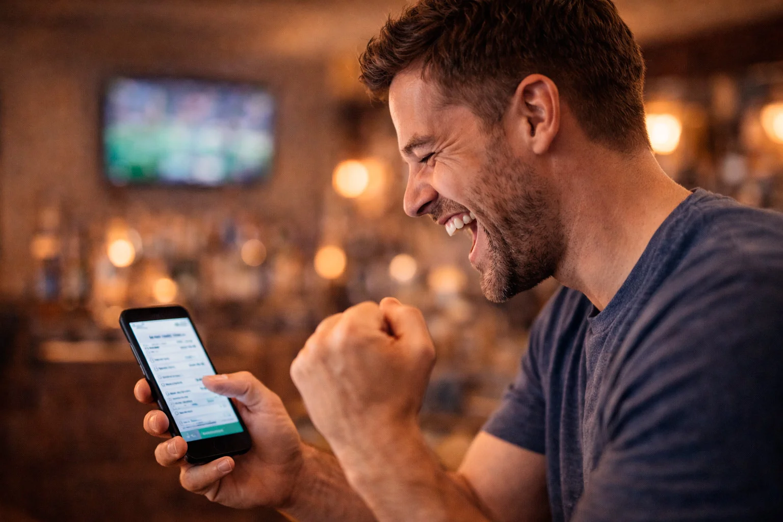 Person celebrating while looking at smartphone showing winning bet