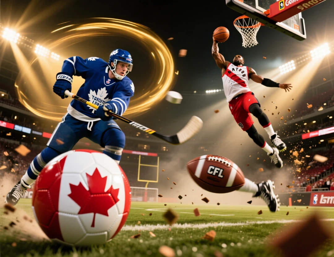 Dynamic collage of NHL hockey, NBA basketball, CFL football and soccer with Canadian flag elements