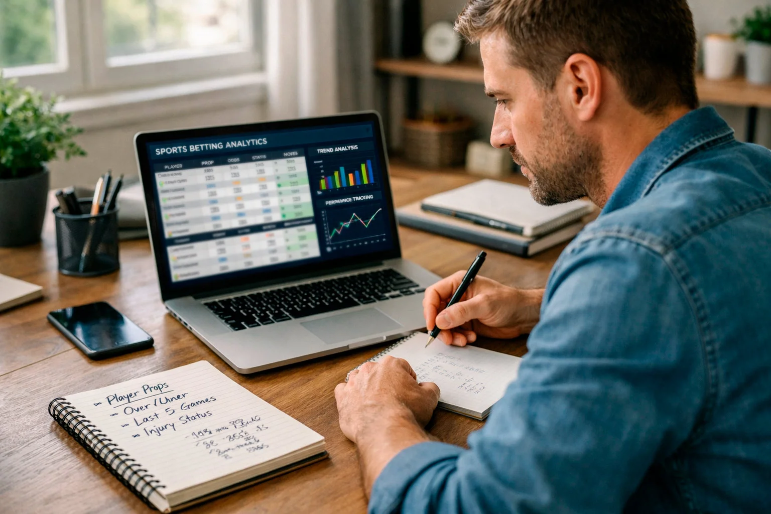 Person analyzing sports data on laptop with notepad